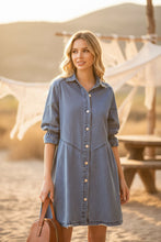 Load image into Gallery viewer, Women's Three-Quarter Sleeve Denim Dress – Ruffle Detail Mid-Length
