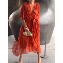 Load image into Gallery viewer, Batwing Sleeve V-Neck Midi Dress – Tied Irregular Hem Fairy Dress
