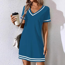 Load image into Gallery viewer, Women's Contrast-Color V-Neck A-Line Dress – Short Sleeve, Elegant, Mid-Rise
