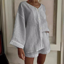 Load image into Gallery viewer, Women's Cotton Linen Shirt &amp; Shorts Set – Long Sleeve, Button, Casual 2-Piece

