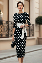 Load image into Gallery viewer, Women's Retro Polka-Dot Bodycon Midi Dress | Belted Waist Slim Fit

