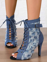 Load image into Gallery viewer, Distressed Denim Lace-Up Peep Toe Ankle Boots
