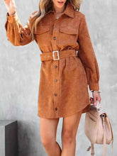 Load image into Gallery viewer, Stylish Button Front Belt Long Sleeve : Corduroy Dress
