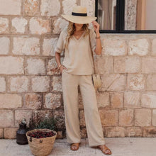 Load image into Gallery viewer, Women's Embroidered V-Neck Top &amp; Wide-Leg Pants Set | Two-Piece Outfit
