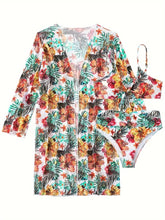 Load image into Gallery viewer, New Tropical Bloom 3-Piece Swimsuit Set – High Waist Floral Fluttering Bikini with Crew Neck Top Spaghetti Straps and Matching Long Sleeve Cover-Up – Stylish Stretchy Women’s Swimwear for Beach &amp; Summer Escapes
