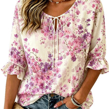 Load image into Gallery viewer, Women's Floral Print Three-Quarter Sleeve Shirt – Relaxed Retro
