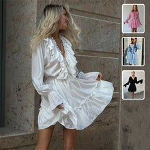 Load image into Gallery viewer, Fashion V Neck Pleated Ruffle Long Sleeve Dress Y2K V Neck Flared Sleeve Short Dress Women's Clothing
