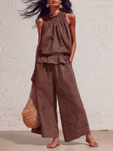 Load image into Gallery viewer, Women's Smocked Neckline Ruffle Hem Linen Tank &amp; Wide-Leg Cropped Pants Set
