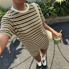 Load image into Gallery viewer, Women's Crew-Neck Spliced Short-Sleeve T-Shirt &amp; Shorts Set
