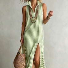 Load image into Gallery viewer, Striped Stand Collar Side-Slit Sleeveless Maxi Dress – A-Line Cami
