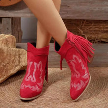 Load image into Gallery viewer, Western Fringe Point Toe : Block Ankle Heel Boots
