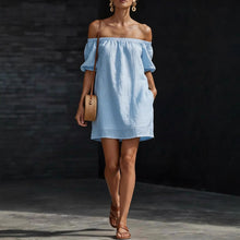 Load image into Gallery viewer, Women's Cotton-Linen Off-Shoulder Puff-Sleeve Loose Mini Dress
