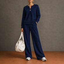 Load image into Gallery viewer, Women's Single-Button Split-Neck Sweatshirt &amp; Wide-Leg Pants Set

