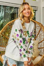 Load image into Gallery viewer, BiBi Fleur De Lis Sleeve Mardi Gras Pullover
