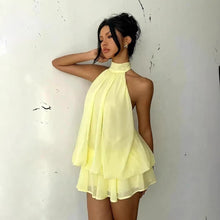 Load image into Gallery viewer, Women's Chiffon Halter Mini Dress – High-Waist Open-Back A-Line Dress

