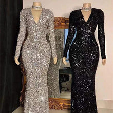 Load image into Gallery viewer, Grey Long Sleeve Sequin Evening Dress
