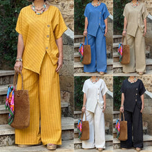 Load image into Gallery viewer, Striped Shirt &amp; Loose Pants Set – Three-Quarter Sleeve Two-Piece
