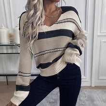 Load image into Gallery viewer, Women's French Vintage Striped Sweater | V-Neck Long Sleeve Stretch Knit Top
