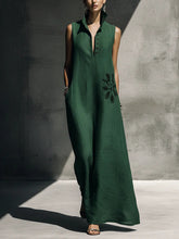 Load image into Gallery viewer, Women's Cotton Linen Mandarin Collar Maxi Dress – Graphic Print with Pockets
