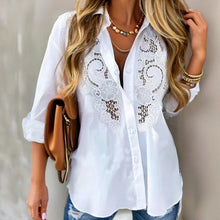 Load image into Gallery viewer, Women’s Contrast Lace Long-Sleeve Button‑Down Blouse
