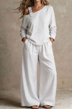Load image into Gallery viewer, Women's One-Shoulder Buckle-Strap Long-Sleeve Linen Blend Top &amp; Wide-Leg Palazzo Trouser Set
