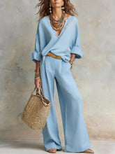 Load image into Gallery viewer, Women's Casual Linen Vacation Set – Three-Quarter Sleeve Top &amp; Full-Length Pants
