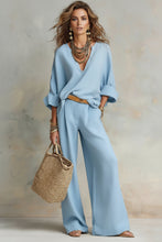 Load image into Gallery viewer, Women's Linen-Style Two-Piece Set – V-Neck Top &amp; Wide-Leg Pants
