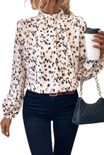 Load image into Gallery viewer, White Leopard Print Puff Sleeve Mock Neck Pleated Blouse
