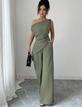 Load image into Gallery viewer, One-Shoulder Asymmetric Top &amp; Wide-Leg Pants 2-Piece Set – Women's Elegant Co-ord Suit
