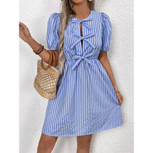 Load image into Gallery viewer, Women’s Striped Tie-Front Puff Sleeve Mini Dress
