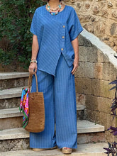 Load image into Gallery viewer, Striped Shirt &amp; Loose Pants Set – Three-Quarter Sleeve Two-Piece
