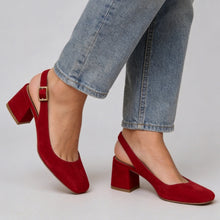Load image into Gallery viewer, Women's Square Toe Slingback Chunky Heels – Buckle Strap Wide Fit
