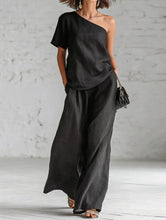 Load image into Gallery viewer, Women's Wide-Leg Pants &amp; Top Set – 2-Piece Three-Quarter Sleeve Outfit
