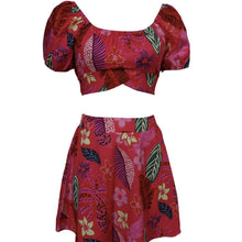 Load image into Gallery viewer, Flower Print Bubble Sleeves With Exposed Navel Short Top, Pleated Short Skirt Set
