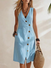 Load image into Gallery viewer, Women's Resort V-Neck Sleeveless Asymmetrical-Button Midi Dress
