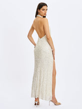 Load image into Gallery viewer, Niamh Golden Beaded Cowl Halter Backless Maxi Dress
