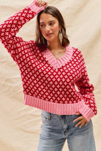 Load image into Gallery viewer, SO ME Color Block Textured Christmas Sweater V Neck Top
