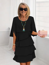 Load image into Gallery viewer, Patchwork Cake Midi Dress – Round Neck Short Sleeve Tiered Skirt
