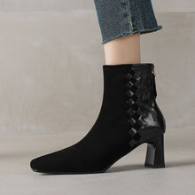 Load image into Gallery viewer, Women's Sheepskin Square Toe Chunky Heel Ankle Boots – Korean Patchwork Style
