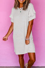 Load image into Gallery viewer, White Striped Round Neck Short Sleeve Mini Dress Casual &amp; Playful Everyday Look Dress

