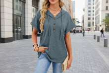Load image into Gallery viewer, Women's Waffle Knit Hooded Short-Sleeve Top – Drawstring Button Pullover
