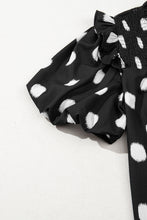 Load image into Gallery viewer, Black Polka Dot Print Smocked Notched Neck Balloon Sleeve Blouse
