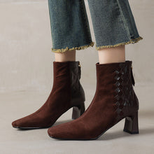 Load image into Gallery viewer, Women's Sheepskin Square Toe Chunky Heel Ankle Boots – Korean Patchwork Style
