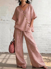 Load image into Gallery viewer, Women's Loose Cotton-Linen V-Neck Top &amp; Wide-Leg Pants Set
