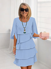 Load image into Gallery viewer, Patchwork Cake Midi Dress – Round Neck Short Sleeve Tiered Skirt
