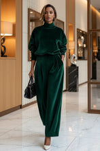 Load image into Gallery viewer, Women's Mock Turtleneck Balloon Sleeve Top &amp; Pleated Wide-Leg Trousers Set
