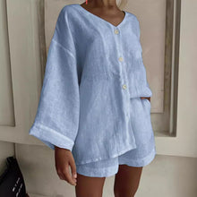 Load image into Gallery viewer, Women's Cotton Linen Shirt &amp; Shorts Set – Long Sleeve, Button, Casual 2-Piece
