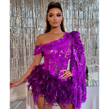 Load image into Gallery viewer, Purple Sequined Feather Skirt One-shoulder Sleeve Short Dress Luxury Party Stage Performance Dress
