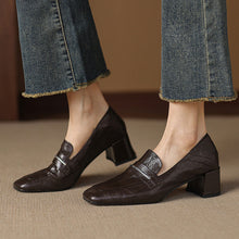 Load image into Gallery viewer, Women’s Sheepskin Square Toe Chunky Heel Pumps
