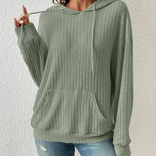 Load image into Gallery viewer, Mandotos Womens Knit Hoodie Sweatshirt With Pockets Drawstring Long Sleeve Solid Sunken Stripe Knitwear
